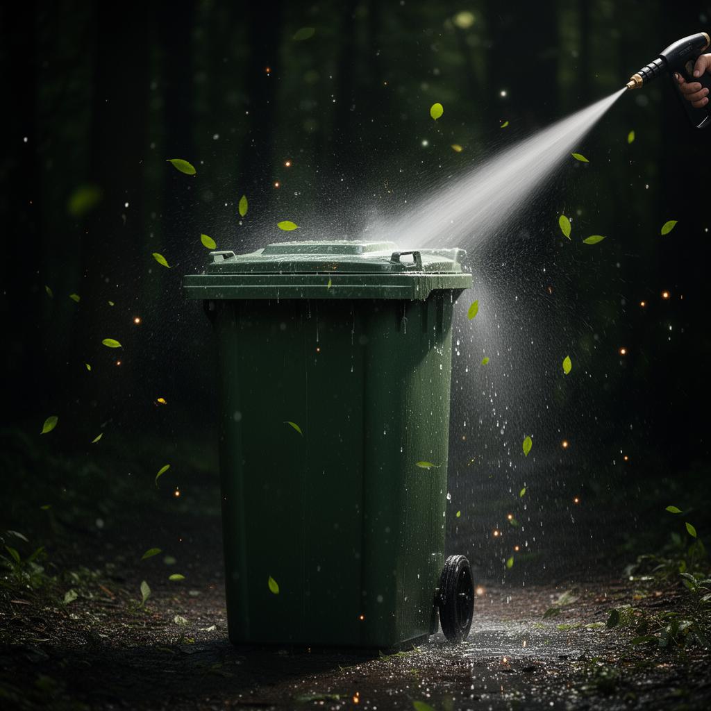 Pressure washing a green trash bin